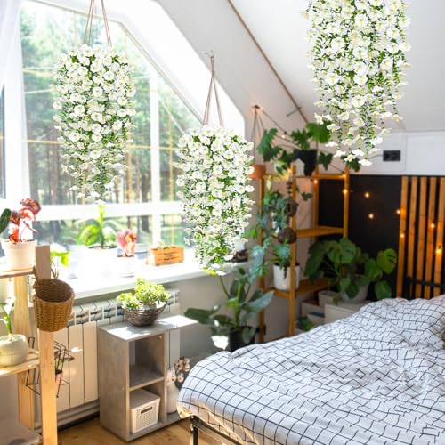 TOCHGREEN Artificial Fake Hanging Flowers Plants for Outdoor Decoration 2PCS Faux Silk Morning Glory Flowers UV Resistant Hanging Plants for Home Porch Patio Garden Planter Decor (White, 2PCS) - color: White, size: 2PCS