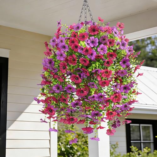 INQCMY Artificial Hanging Flowers with Basket for Spring Outdoor Decoration 3 Bunches of Silk Daisy Flower Uv Resistant for Garden Porch Patio Balcony Yard Decor (Purple Red) - color: Purple Red