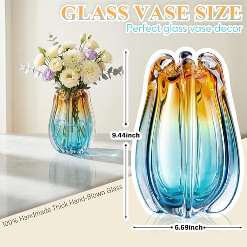 Hand Blown Glass Vase for Flowers, 9.45" Unique Murano Style Art Glass Vase, Fluted Teal Amber Ombre Decorative Vases for Home Decor, Living Room Table Centerpiece, Bookshelf, Wedding Gift