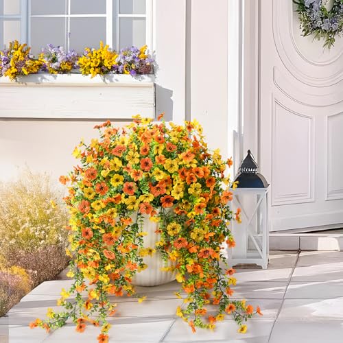 ZFProcess Artificial Hanging Flowers Plants for Outdoor Spring Summer Decoration,2PCS Faux Silk Daisy UV Resistant Look Real for Outside Home Indoor Planter Porch Garden Yard Decor(Yellow Orange) - color: Z Yellow Orange