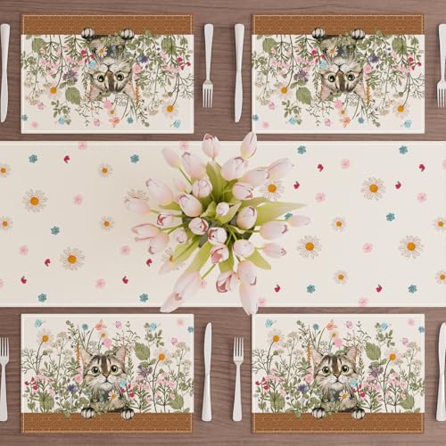 XCHI Wildflowers Cat Daisy Spring Placemats Set of 4 Summer Table Mats for Party Home Kitchen Dining Table Decorations 12x18 Inch - size: 12x18 Inch