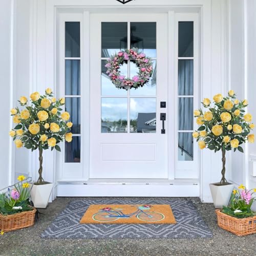 HUAESIN 4FT Artificial Outdoor Trees Rose Tree with 52 Blooming Artificial Flower Yellow Floral Tree for Home Decor Indoor Farmhouse Front Porch Yard Living Room Set of 2