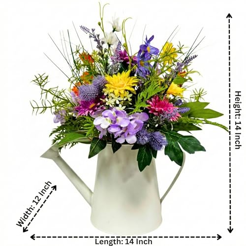 14 Inch Lighted Farmhouse Watering Can Centerpiece with Timer | Spring Summer Floral Arrangement with Daisies, Lavender, Orchids and 10 Warm LED Lights for Table Kitchen Decor