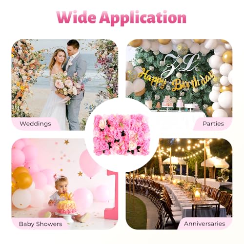 12 Pcs Artificial Flower Wall Panels Silk Dahlia Rose 3D Faux Flower Backdrop Panels Background Decorative for Wedding Celebrations Festive Party Home, 23.62 * 15.74in (Dark Pink) - color: Dark Pink