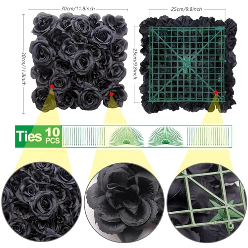 Black Silk Rose Flower Panels Wall, 12 Pcs Artificial Flowers Decoration for Welcome Table, Party, Anniversary, Church Wall, Stage Background, 25x25cm