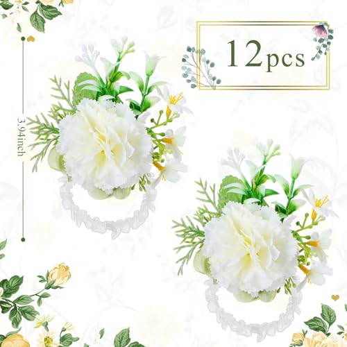 Sherr 12 Pcs White Wrist Corsage with Ribbon Wedding Wrist Flower Artificial Carnation Silk Wristband Decor for Wedding Bridal Bridesmaid Women Flower Tea Party Prom Homecoming Accessories