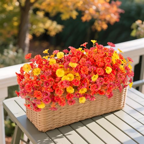 INXUGAO Fake Fall Flowers Artificial for Decoration, 12 Bundles Faux Plants Silk Orange Flowers Morning Glory Petunias Realistic UV Resistant for Outdoors Planter Porch Patio Window Box, Orange Yellow - color: Orange Yellow Red