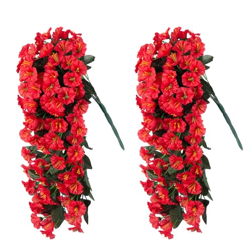 Artificial Flowers for Outdoor Decor, 2 Bundles Fake Silk Red Morning Glory Long Vines UV Resistant Realistic for Home Porch Patio Balcony Planter Decoration - color: Red