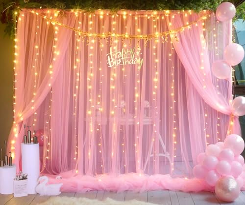 Pink Tulle Backdrop Curtains with Lights String for Parites 10ft×8ft Wrinkle Free Pink Sheer Sparkle Backdrop Curtains for Baby Shower Girls Bridal Shower Birthday Party Photo Shoot Decorations - color: Pink, size: 10 ft X 8 ft(2 Panels 5ft X 8ft)