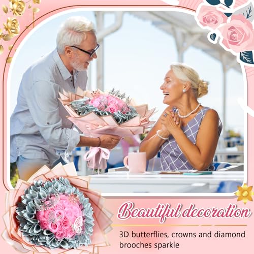 XunYee Bouquet Kit 20 Sheet Flower Wrapping Paper 100 Pcs Bamboo Skewers Floral Foam Blocks for Anniversary Birthday Gift Graduation Mother's Day(Pink) - color: Pink