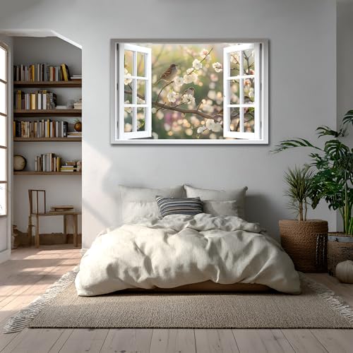 AMAZING WALL Fake Window wall Sticker Spring Blossom Birds Illusion Peel-on Adhesive Vinyl Mural Removable Floral Garden Frame Decor Pastel Songbird Nature Decoration Bedroom playroom,16x24in/1PCS - color: Blossom Birds Spring Garden, size: 16x24"/1pcs