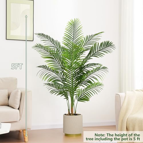 Artificial Palm Tree Indoor Plant 5FT Tall Fake Tropical Palm Tree in Pot, Real Bark Design Faux Areca Palm Tree for Home Office Living Room Bedroom Farmhouse Modern Outdoor Topiary Tree - size: 5FT