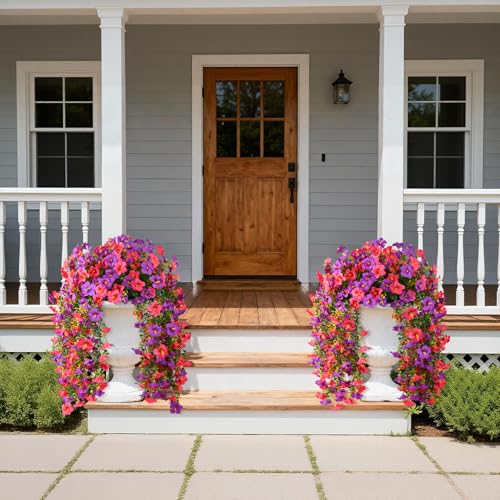 Artificial Fake Flowers Plants for Outdoor Spring Summer Decoration,2 PCS Faux Silk Morning Glory with Eucalyptus Leaves,UV Resistant Realistic Outdoor Flowers for Balcony Porch Patio Yard Garden - color: Orchid Rose Red