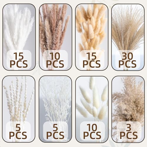Natural Pampas Grass 8kind Grass Mix Bouquet | Dried Pampas Bouquet for Wedding Boho Flowers Home Table Desk Decor, Rustic Farmhouse Decor (93PCS) - size: 93PCS