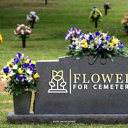 Sympathy Silks Artificial Cemetery Flowers - Grave Decoration - Yellow Tulips and Purple Iris (1) Headstone Saddle (1) Bouquet - color: Yellow/Purple, size: (1) Saddle (1) Bouquet