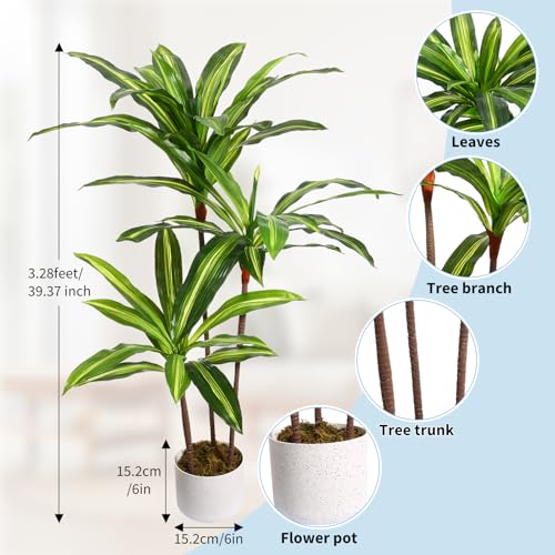 3.3 ft Tall Artificial Dracaena Tree in Pot, Evergreen Fake Dragon Tree, Decorative Potted Floor Plant, Faux Indoor Plant for Living Room Entryway Porch Office