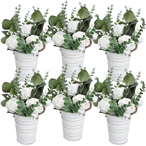 6 PCS Large Wedding Flower Table Centerpieces - 10 Inches Artificial Floral Arrangement with Rustic Tall Metal Vase for Wedding Birthday Party Bridal Baby Shower Event Decorations - White - color: White, size: 6 X Flowers Table Centerpieces