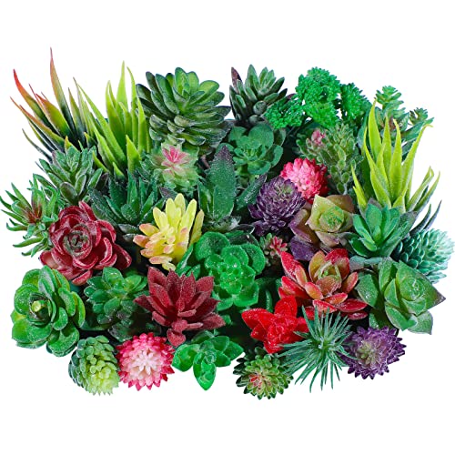WILLBOND 38 Pcs Summer Mini Artificial Succulents Small Fake Succulent Plants Faux Assorted Unpotted Realistic Plastic Flowers Picks Stem for DIY Crafting Greenery Garden Home Decor(Flocked) - color: Vivid Green, Flocked Purple, Pink