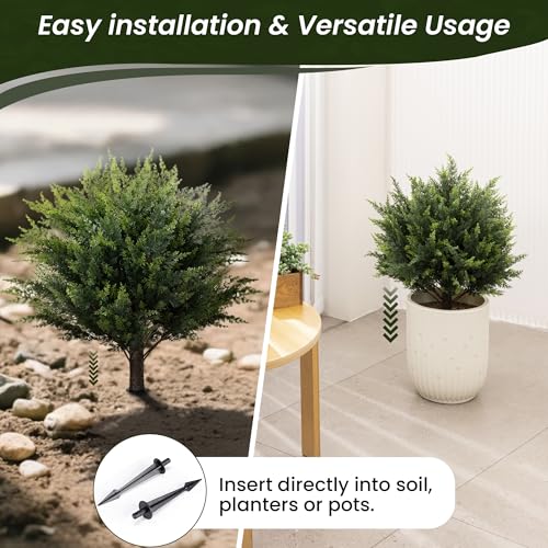 AENTGIU 23.6" Artificial Cedar Topiary Ball Trees, 2-Pack Outdoor Faux Cypress Shrubs with Ground Spikes, UV Resistant Fake Greenery Bushes for Front Porch Planters, Patio, Entryway, Garden Decor
