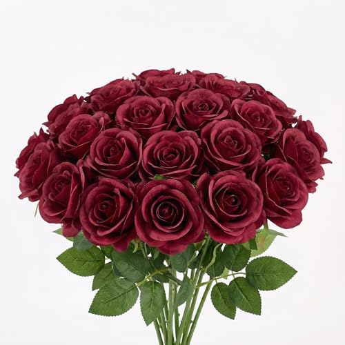55 Pcs Burgundy Roses Artificial Flowers Bulk, Artificial Roses Fake Flowers with Adjustable Stems, Soft Foam Roses for DIY Wedding Bouquets, Bridal Shower Centerpieces, Home Party Decor - color: Burgundy