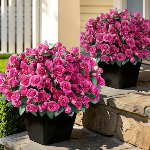 Juxdp 8 Bundles Artificial Roses, Realistic Silk Bouquet Flower(Rose Red) | Fluffy and Vivid, Fade-resistant, Faux Rose Plants, for Front Door/Garden/Farmhouse/Home/Outdoor/Spring/Summer Decor - color: Rose Red