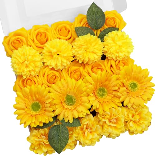 TINGE TIME Artificial Flowers Combo Box Set, Bright Yellow Gradient Color Fake Flower Leaf with Stems for DIY Wedding Bouquets Table Centerpieces Baby Shower Home Party Floral Arrangements Decorations - color: Deep Yellow