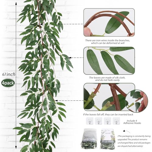 RECUTMS 4Pcs Artificial Willow Leaves Vine Twigs 5.7Ft Silk Willows Leaf Ivy Garland Faux Greenery Ivy Plant Decor for Indoor Outdoor Wedding Jungle Beach Birthday Party Garden Table Spring Summer - color: Willow Vines Green 4pcs