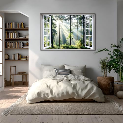 AMAZING WALL Morning Forest Sunlight View Peel and Stick 3D Fake Window Stickers,Self-Adhesive Nature Decals Wall Murals for Home Decor,16x24in/1PCS - color: Forest Sunlight, size: 16x24"/1pcs