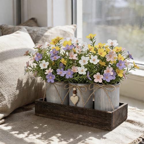 Rustic Artificial Baby's Breath Centerpiece — 3-Metal-Pot Farmhouse Table Decor on Wooden Tray, Faux Gypsophila Bouquet for Home, Kitchen, Dining Table, Living Room & Gift - color: Gypsophila Flowers