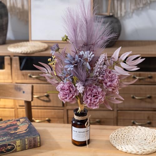 Artificial Fake Faux Flowers Silk Flower Arrangements Bouquets Consists of Peonies, Chrysanthemums, Pampas Grass (Purple) - color: Purple