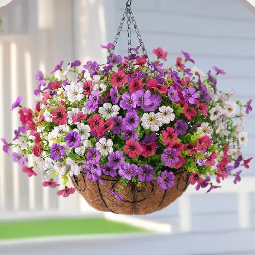 Homsunny Artificial Faux Hanging Flowers Plants with Basket for Outdoor Spring Decoration, Fake Silk Daisy Outside Indoor UV Resistant Look Real Yard Patio Front Porch Garden Balcony Home Decor(Mix4) - color: Pink White Purple