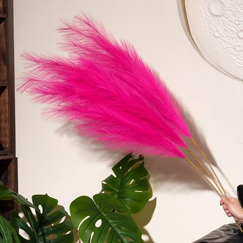 Premium Faux Hot Pink Pampas Grass – Fuchsia 43.3″ 8pcs Tall Fluffy Decor, No Assembly 18-Branch One-Piece Stems for Floor Vase Decor, Luxury Silk-Feel Feather Flowers (8 pcs/110cm) - color: Faux Hot Pink, size: 8pcs 43.3"(110cm)