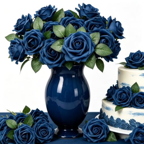 Artificial Flowers, 100pcs Artificial Rose for DIY Wedding Bouquets Centerpieces Arrangements, Navy Blue Foam Roses with Stem for Bridal Shower Party Home Decorations - color: Navy Blue, size: 100pcs