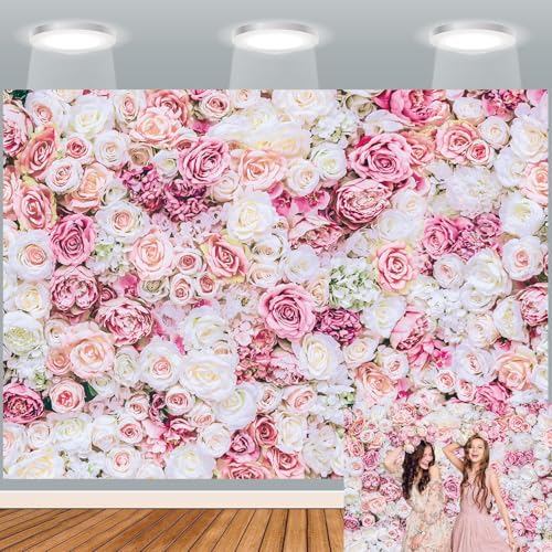 7x5ft Rose Floral Wall Backdrop Pink Rose Flowers Background Tea Party Backdrops Wedding Birthday Bridal Shower Valentine's Day Mother's Day Party Decoration Banner Studio Props - size: 7x5ft