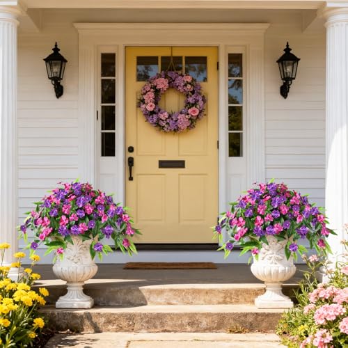 Hommyea Artificial Flowers for Outdoor, 2 Bundles UV Resistant Fake Plants Decoration Realistic Faux Silk Flowers No Fade Plastic Flowers for Outside Planters Home Porch Patio Yard Garden Decor - color: Deep Purple Hot Pink
