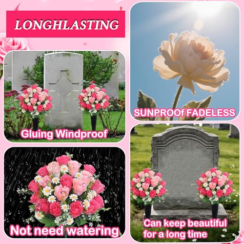 Wocst Artificial Cemetery Flowers for Grave Memorial Day Flowers for Cemetery,2Pack Artificial Silk Roses Daisy Bouquets with Cemetery Vases for Outdoor Grave Decorations ﻿ (Pink) - color: Pink