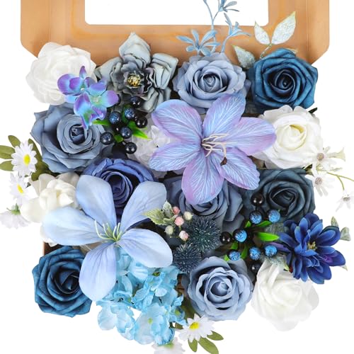 Dusty Blue Artificial Flowers Bouquet of Flowers Blue Rose Fake Flowers for DIY Wedding Bridal Bouquets Table Centerpieces Arrangements Cake Party Home Decor - color: Blue