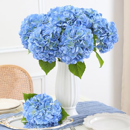 Nubry 4Pcs Blue Hydrangea Artificial Flowers, 22.5In Latex Faux Real Touch Large Hydrangea Flowers with Long Stems & Leaves for Home Office Decor Wedding Party Arrangements(Blue) - color: Blue, size: 4 Pcs