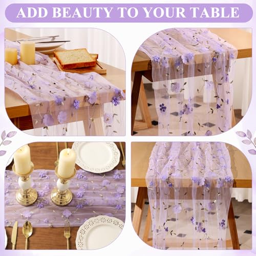 Embroidery Floral Table Runner Rustic Spring Summer Wildflower Tulle Table Runner Vintage Flower Kitchen Dining Tabletop Runners Decoration for Home Wedding Party, 108x24.5 Inch (Purple) - color: Purple, size: 108*24.5 inch