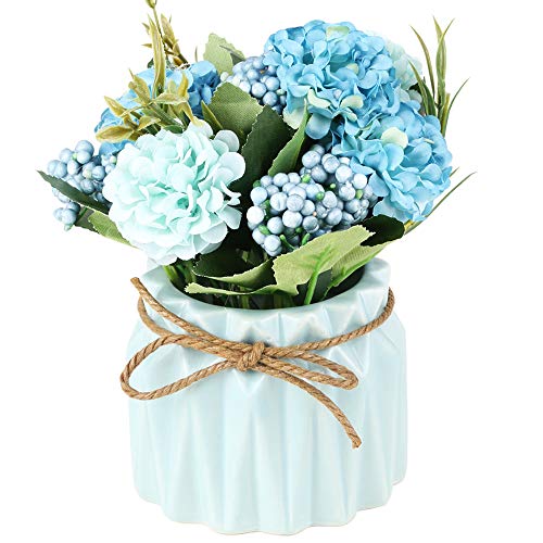SUPNIU Artificial Hydrangea Bouquet with Small Ceramic Vase Fake Silk Variety Flower Balls Flowers Decoration for Table Home Party Office Wedding (White) - color: White