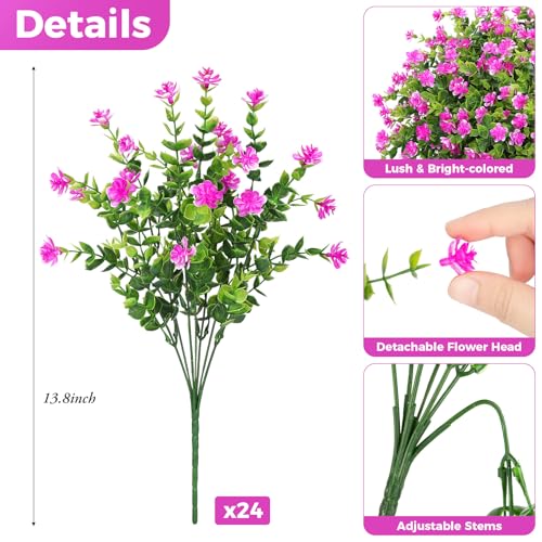Roberly 24 Bundles Artificial Flowers for Outdoors, UV Resistant Eucalyptus Fake Flowers Shrubs Greenery Plastic Plants for Garden Porch Window Box Farmhouse Indoor Home Decor, Fuchsia - color: Fuchsia