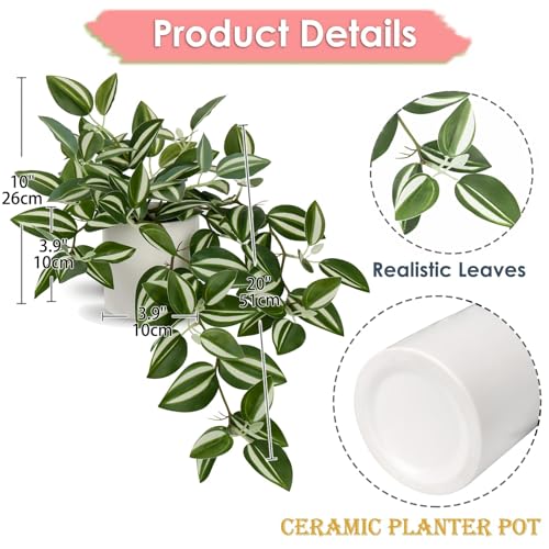 GnFlus Fake Hanging Plants, 20 Inch Artificial Ivy Plant in Ceramic Pot Faux Vine Potted for Home Bedroom Office Table Shef Desk Indoor Outdoor Decor (Green/White) - color: Green/White-ceramic Pot