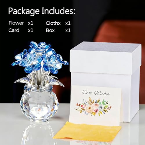 Blue Crystal Flower Glass Gifts for Sister Girlfriend Women Girl Wife,Crystal Flowers Bouquet Collectible for Wedding Anniversary Mom from Daughter Son (Blue Flower 02) - color: Blue