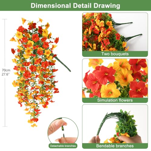 INQCMY Artificial Fake Flowers Plants for Outdoor Fall Decoration,2 PCS Faux Silk Morning Glory with Eucalyptus Leaves,UV Resistant Realistic Outdoor Flowers for Balcony Porch Patio Yard Garden - color: Orange Golden Yellow