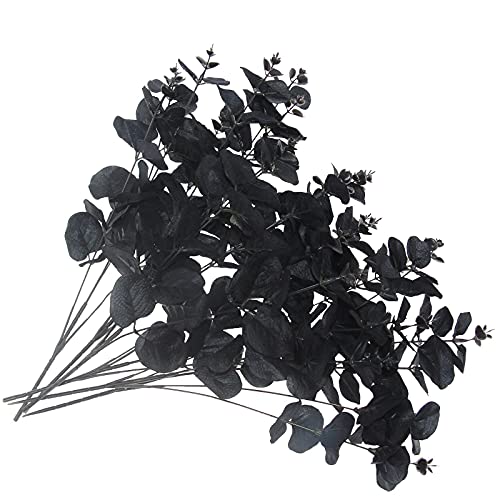 Tinsow 5 Pcs Black Artificial Eucalyptus Stems Faux Eucalyptuses Branches Black Leaf Halloween Centerpiece Halloween Home Decor (Black, 5) - color: Black