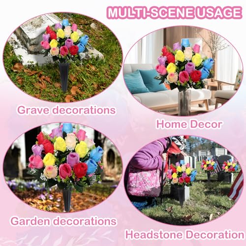 Lodou Set of 2 Artificial Cemetery Flowers, Memorial Flowers Bouquet,Grave Memorial Flowers with Vase for Cemetery Headstones Decoration (Color) - color: Color