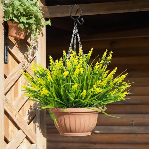 12 Bundles Artificial Lavender Plants Outdoor UV Resistant, Faux Monkey Grass Greenery Fake Flowers - Plastic Indoor/Outdoor Decor for Garden, Porch, Patio, Window Box, Hanging Planters - color: Yellow