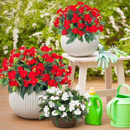 Uqueeten15.7” Fake Flowers Artificial Flowers for Outdoor,Silk Artificial Impatiens Bouquet Flowers for Outdoors，Spring Flowers Flores Artificiales para Decoracion Indoor Decor 8PCS(Red) - color: Red-8