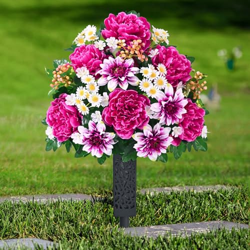 Dolicer Artificial Cemetery Flowers for Grave, Set of 2 Memorial Grave Flowers for Cemetery with Vase Realistic Silk Gravesites UV Resistant Peony Daisies Flowers Decorations (Red with White) - color: Rose Red
