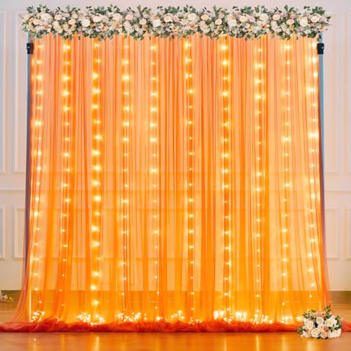 Orange Tulle Backdrop Curtain with Lights String for Parites 10x10ft Sheer Backdrop Curtains Drapes for Birthday Party Baby Shower Wedding Ceremony Prom Halloween Photo Booth Background Decorations - color: Orange, size: 10 ft X 10 ft(2 Panels 5ft X 10ft)